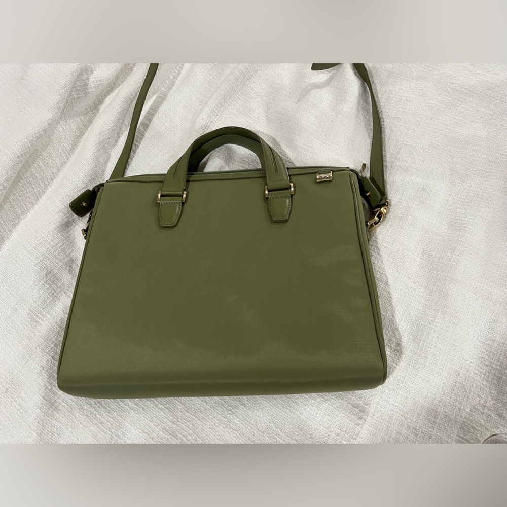 TUMI Leather-Trimmed Green double handle Crossbody Small Briefcase Computer Bag